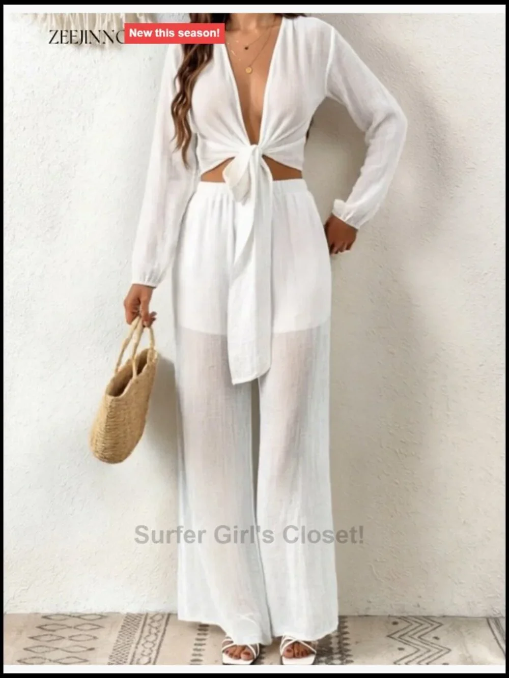 Women's 2 Piece Swim Cover Up Set Long Sleeve Tie Sheer Top Pant